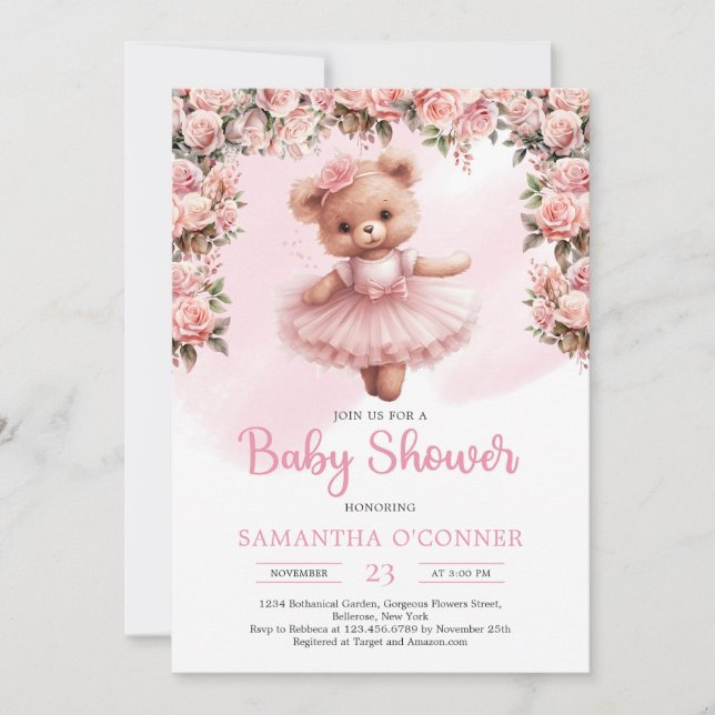 Tutu ballerina girl teddy bear dusty pink roses invitation (Front)