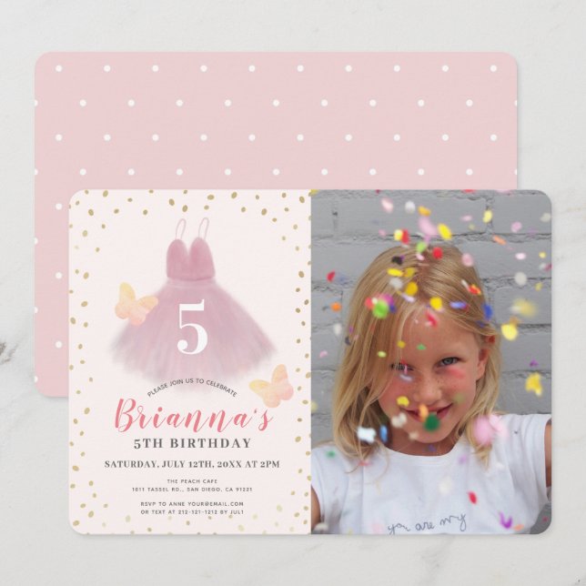 Tutu Ballerina Pink & Gold Girl Photo Birthday Invitation (Front/Back)
