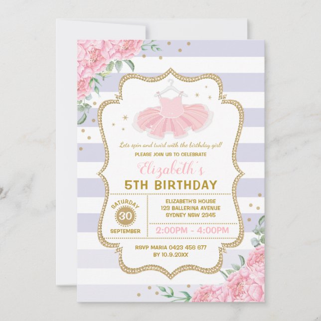 Tutu Ballerina Purple Pink Gold Floral Birthday Invitation (Front)