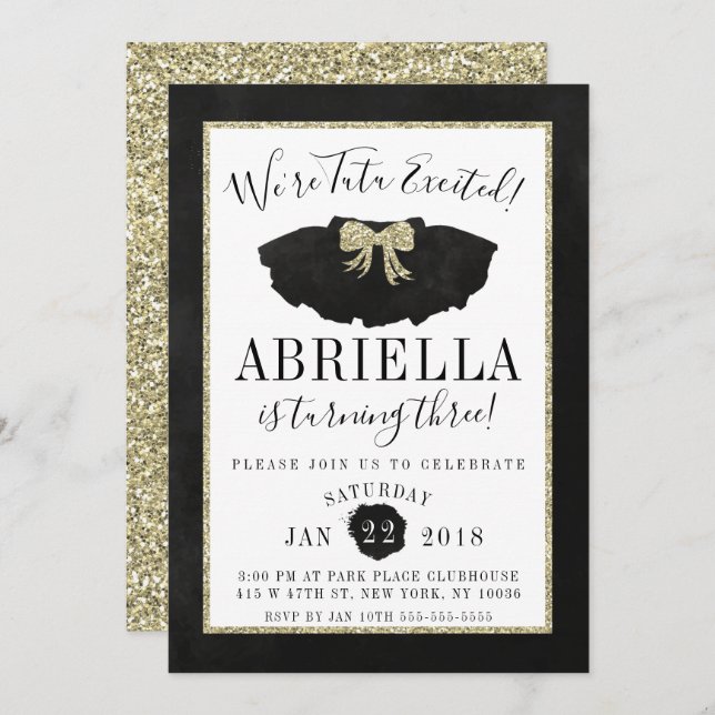 Tutu Birthday Invitation Black and Gold (Front/Back)