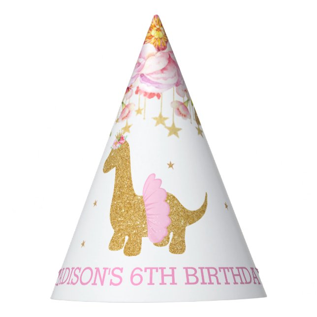 Tutu Brachiosaur Dinosaur Pink Floral Birthday Party Hat (Front)