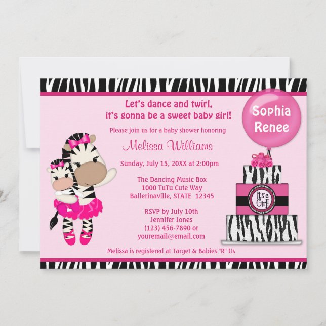 TuTu Cute Baby Shower invitation ZEBRA GIRL Mummy (Front)