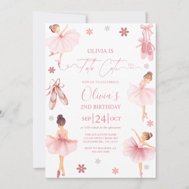 Tutu Cute Ballerina Pink Coquette Second Birthday  Invitation (Front)