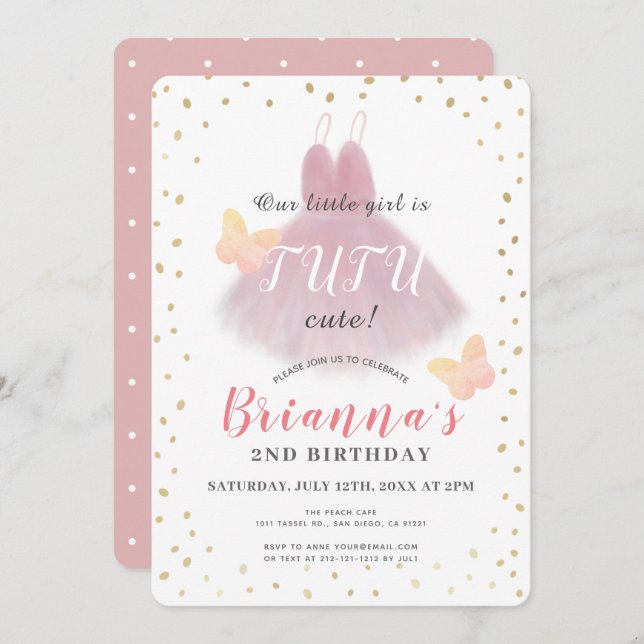 Tutu Cute Ballerina Pink & White Girl 2nd Birthday Invitation (Front/Back)