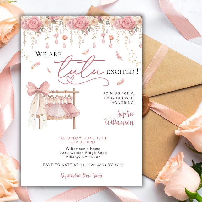 Tutu Excited Ballerina Floral Girl Baby Shower  Invitation (Creator Uploaded)