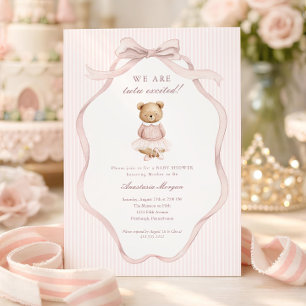 Tutu Excited Pink Coquette Teddy Bear Baby Shower Invitation