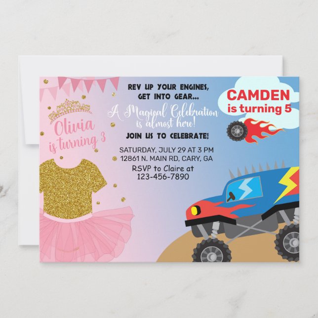 Tutu & Monster truck siblings birthday invitation. Invitation (Front)