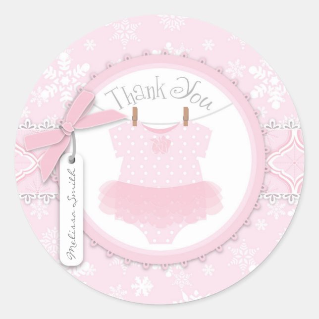 Tutu Polka Dot Jumper & Winter Snowflake Thank You Classic Round Sticker (Front)