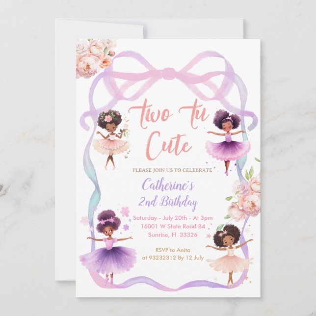 Tutu Purple Bow Two to Cute 2nd Birthday Invitation (Front)