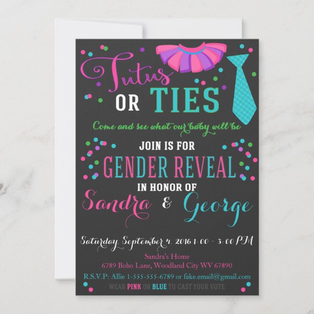 Tutus or Ties Gender Reveal Chalkboard Boy or Girl Invitation (Front)