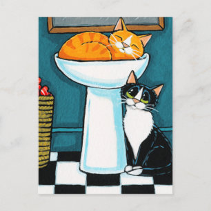 Tux and Tabby Cats in Bathroom Sink Illustration Postcard