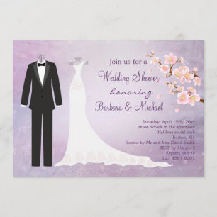 Tux & Gown, cherry blossom Couple's Bridal Shower Invitation