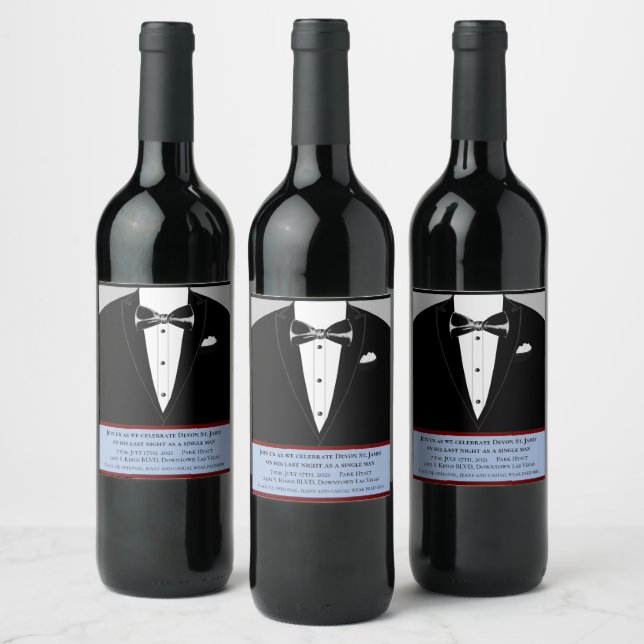 Tuxedo bachelor party invitation labels (Bottles)