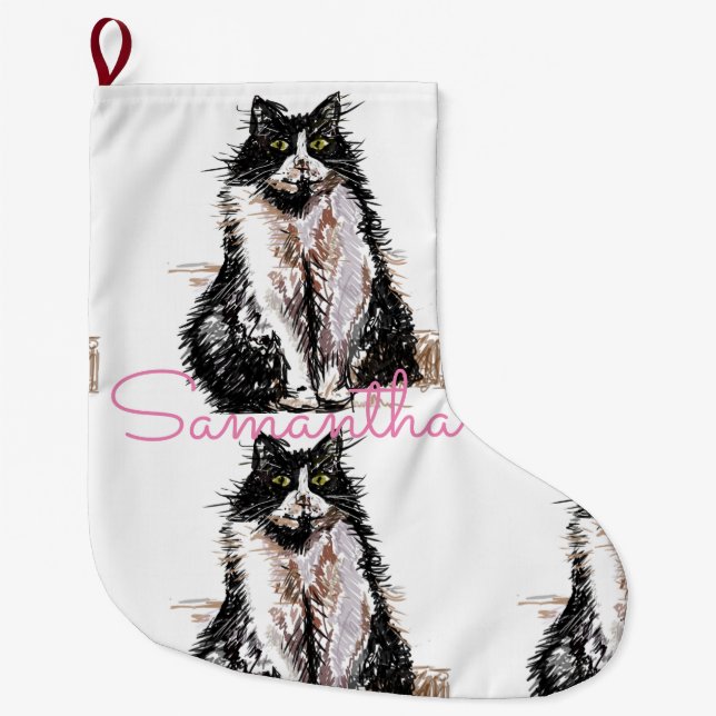 Tuxedo Black and White Cat Cats Christmas Stocking (Front)