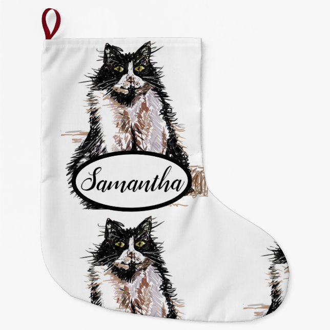Tuxedo Black and White Cat Cats Christmas Stocking (Front)