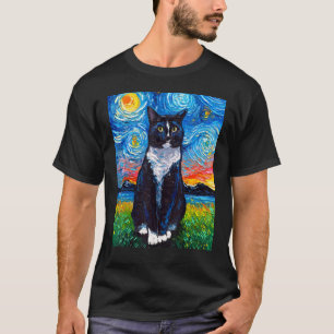 Tuxedo Black and White Cat Starry Night Art by Aja T-Shirt