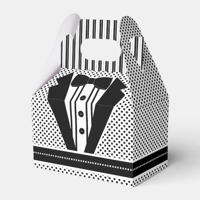 Tuxedo Black and White Dots Wedding Favour Box (Front Side)
