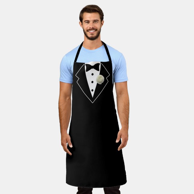 Tuxedo Black and White with White Flower in Lapel Apron (Worn)