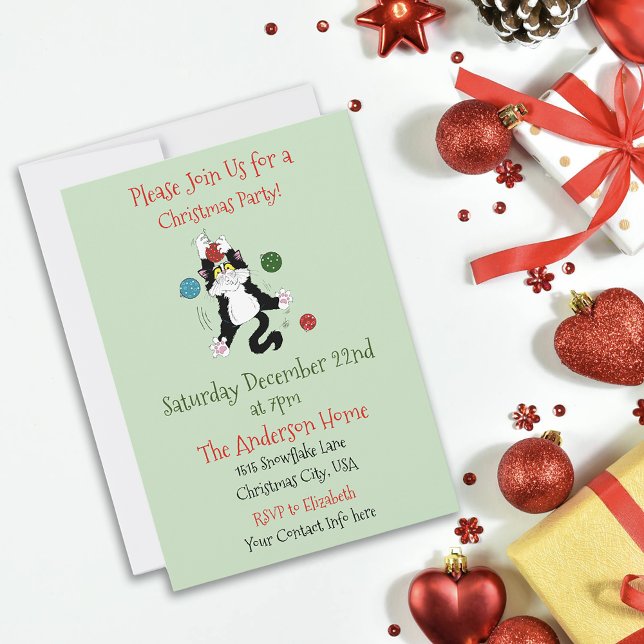 Tuxedo Black White Cat Christmas Party Invitation (Creator Uploaded)