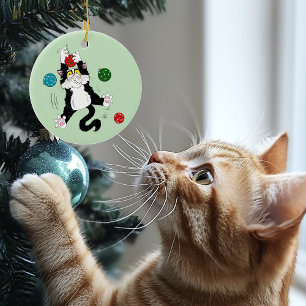 Tuxedo Black White Christmas Cat Ceramic Tree Decoration