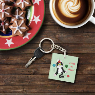 Tuxedo Black White Christmas Cat Key Ring
