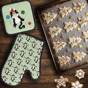 Tuxedo Black White Christmas Cat Oven Mitt & Pot Holder Set