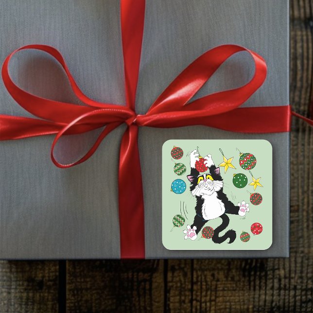 Tuxedo Black White Christmas Cat Square Sticker (Creator Uploaded)