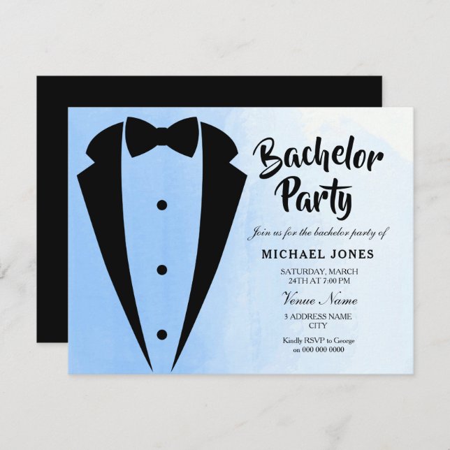 Tuxedo Blue Bow Tie Bachelor Party Invite (Front/Back)