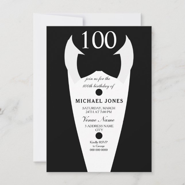 Tuxedo Bow Tie Mens 100th Birthday Party Invite (Front)