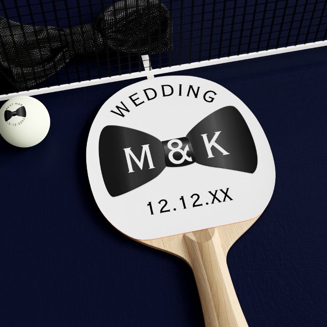 Tuxedo Bow Tie Monogram Wedding Ping Pong Paddle (Add your initials and wedding date to this black and white ping pong paddle)