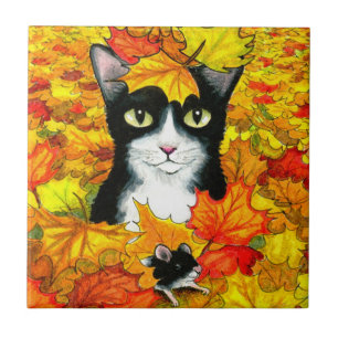 Tuxedo cat 447 fall autumn tile