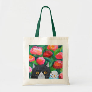 Tuxedo Cat and Blue Budgie Parakeet Funny Cute Tote Bag