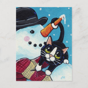 Tuxedo Cat and Gentleman Snowman Postcard
