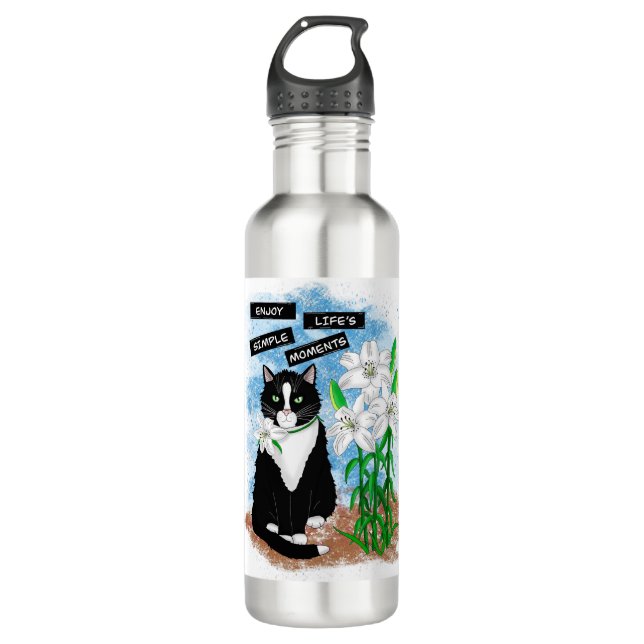 Tuxedo Cat and Lilies | Inspirational Quote 710 Ml Water Bottle (Front)