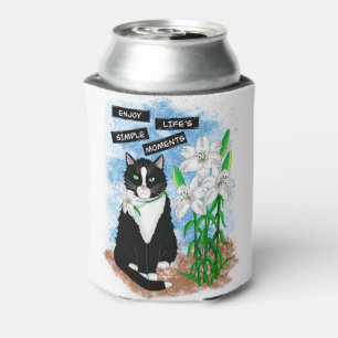 Tuxedo Cat and Lilies   Inspirational Quote Can Cooler