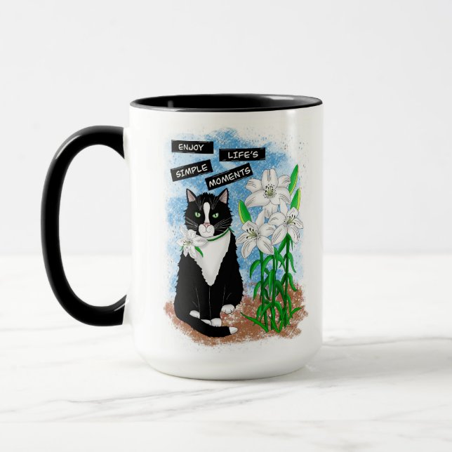 Tuxedo Cat and Lilies | Inspirational Quote Mug (Left)