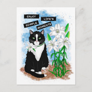 Tuxedo Cat and Lilies Inspirational Quote Postcard