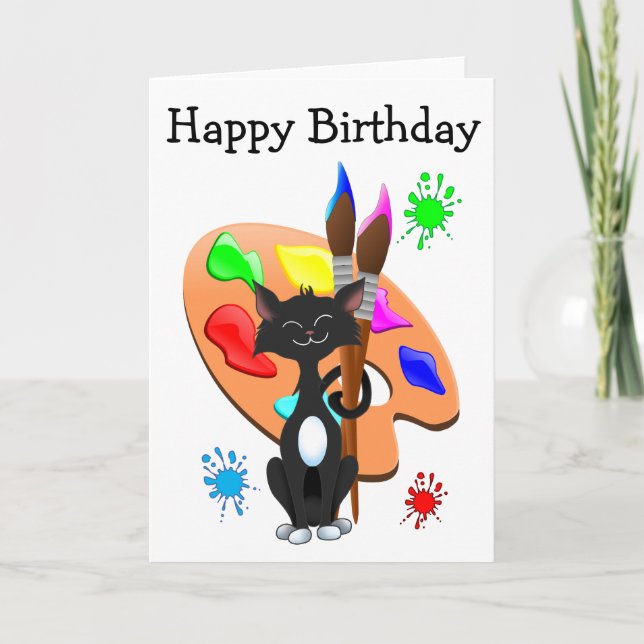 Tuxedo Cat And Paint Palette Birthday Card (Front)