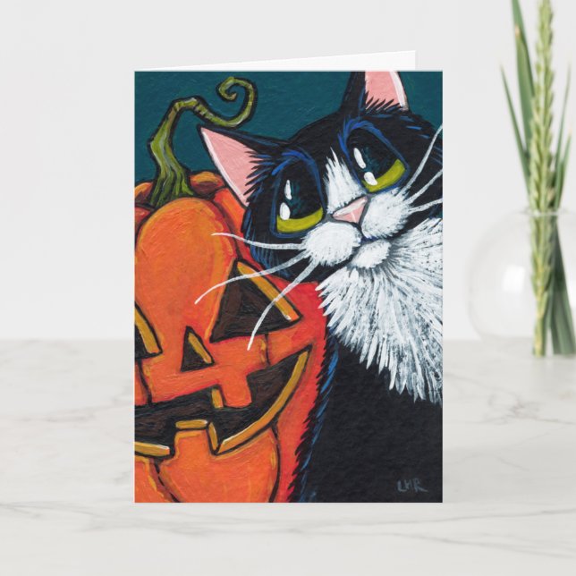 Tuxedo Cat and Smiling Pumpkin Lantern Card (Front)