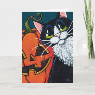 Tuxedo Cat and Smiling Pumpkin Lantern Card
