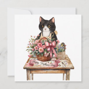 Tuxedo cat arranging flower Mother;s Day  Holiday Card