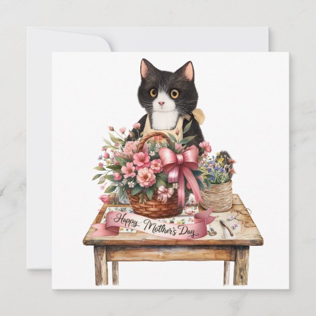 Tuxedo cat arranging flower Mother;s Day  Holiday Card (Front)