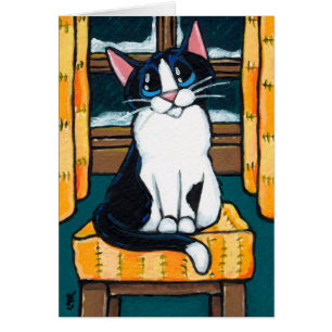 Tuxedo Cat at Snowy Window Painting