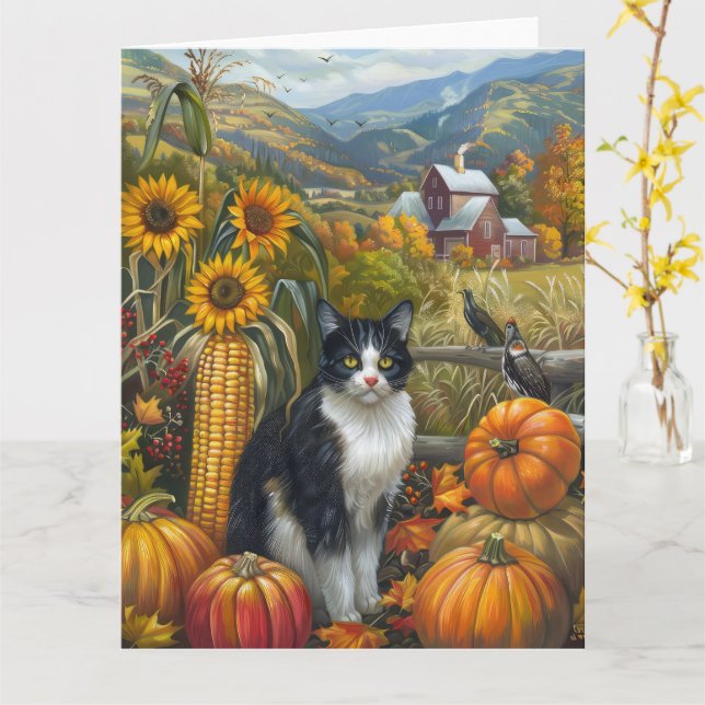 Tuxedo Cat Autumn Harvest Thanksgiving Card (Yellow Flower)