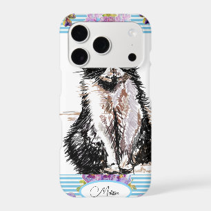Tuxedo Cat Black and White Cats Girls Blue Floral