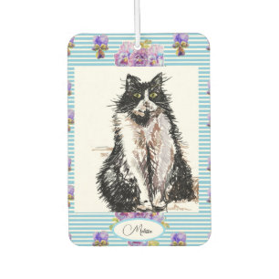Tuxedo Cat Black and White Cats Girls Blue Floral Car Air Freshener