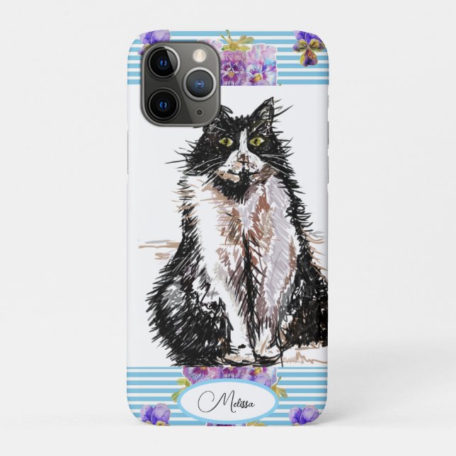 Tuxedo Cat Black and White Cats Girls Blue Floral Case-Mate iPhone Case (Back)