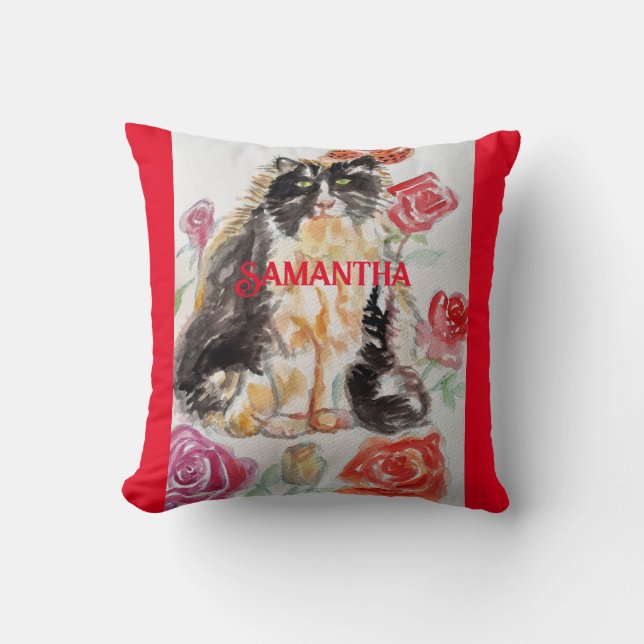 Tuxedo Cat Black and White Childs Name Decoration Cushion (Front)