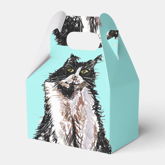 Tuxedo Cat Black White Cats Birthday Turquoise Fav Favour Box (Front Side)