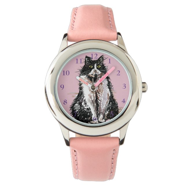 Tuxedo Cat Black White Cats Cute Pink  Girls Watch (Front)